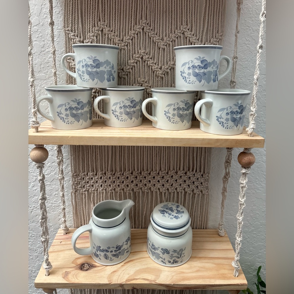 Royal Doulton Set of 6 vintage stoneware mugs, sugar and creamer in Shadow Play